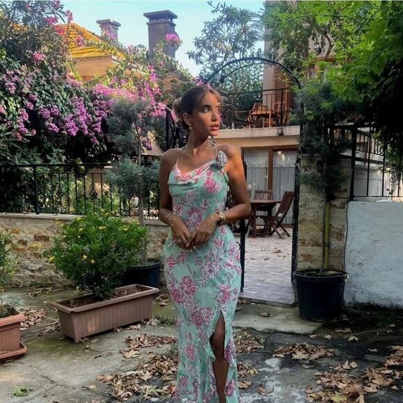 NWT ZARA FLORAL PRINT SLIP DRESS GREEN AND PINK - Picture 9 of 16